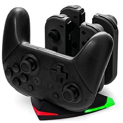 SNAKEBYTE Arrow Charge S - Nintendo Switch Charging Station for 4 Joy-Cons and 1 Switch Pro Controller, LED Charging Indicator, Type-C Charging Cable and Adapter for Pro Controller, SB916922 Black