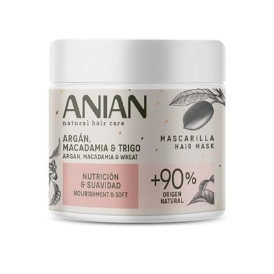 ANIAN - Mascarilla Argán, Macadamia y Trigo, 350 ml, para Pelo Seco y Dañado, Nutrición y Suavidad, Nutre e Hidrata en Profundidad, Sella las Puntas, Repara y Aporta Brillo al Cabello