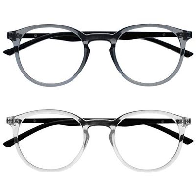 OPULIZE Met Gafas Pack de 2 Montura Redonda Gris Transparente Negro Resistente a Arañazos Bisagras de Muelle Ordenador Gaming Antirreflejante Hombre Mujer RR60-7C +0.00