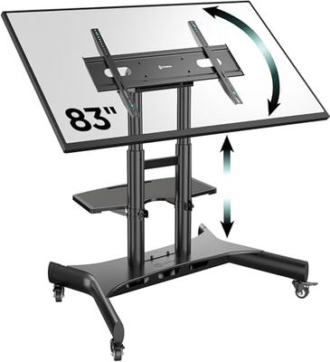 ONKRON Mobiele TV Standaard op Wielen voor 50-83 Inch Scherm, TV Beugel Wagen tot 70 kg - TV Voet Universeel Hoogte Verstelbaar VESA 100x100-800x500/TV Standaard Kantelbaar 90° TS1380-B Zwart