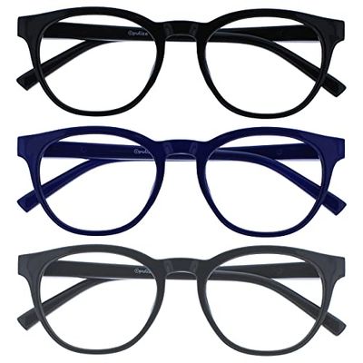 OPULIZE Blu - Occhiali da Lettura Filtro Luce Blu Set da 3 Montatura Tonda Fashion Cerniere a Molla Migliorano il Sonno Gaming Computer Anti Riflesso Nero Blu Grigio Uomo Donna BBB5-137 +3.50