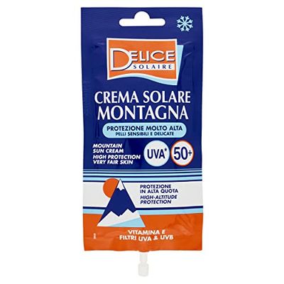 Delice Solaire 8004120909191 Crème solaire Montagne Protection Très élevée SPF50+, sachet Mini Size 50 ml, sans parfum, Dermatologiquement testé