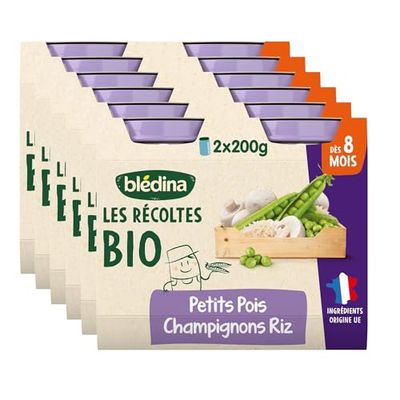 Blédina Les Récoltes Bio, Petits pots bébé Bio dès 8 Mois, Petits Pois, Champignons, Riz, 2x200g (Lot de 6)