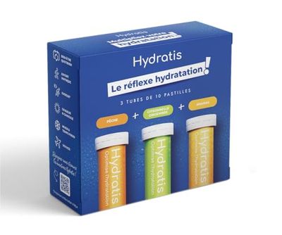 HYDRATIS - Summer Pack Exclusif - 3 Mini Tubes de Pastilles Effervescentes Electrolytes - Optimise l'Hydratation - Pêche, Gingembre, Ananas - 30 Pastilles