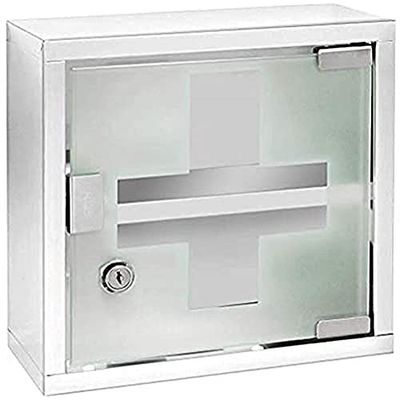 WENKO Armoire à Pharmacie 2 Niveaux avec Serrure | Armoire 1er Secours avec Fermeture avec clé | Porte en Verre sécurité satiné | Impression Croix | Acier INOX Brillant | 25 x 12 x 25 cm | Argent