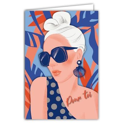 Tarjeta para ti, niña, mujer, feliz cumpleaños o feliz fiesta, estrella del día, gafas sol, ilustración de moda con sobres formato 12 x 17,5 cm, papel 300 gr brillante PEFC fabricado en Francia 69 –