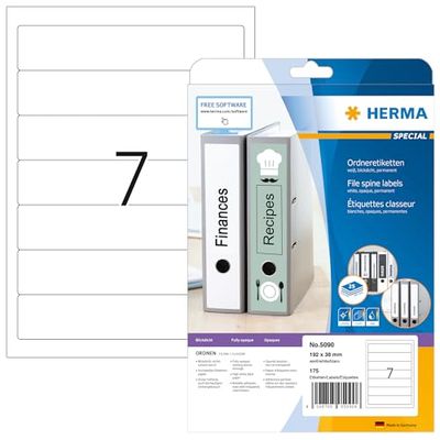HERMA Self Adhesive Spine Labels, 7 Labels per A4 Sheet, 25 Sheets, 192 x 38 mm, 175 Labels, Blank Lever Arch File Folder Labels Stickers, Sticky Labels for Laser & Inkjet Printer, White