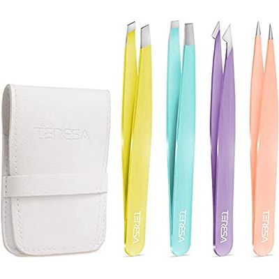 TerresaCOS Lot de 4 pinces à sourcils professionnelles pour femme - Avec étui en cuir - Épilation précise du visage, poils incarnés - Épilation précise - Multicolore, Coloré, (TSOS-B01)