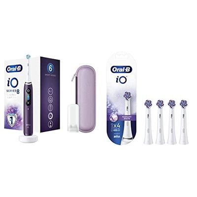 Oral-B iO Series 8 Brosse à Dents Électrique Rechargeable avec 1 Manche Intelligence Artificielle, 1 Brossette et 1 Étui de Voyage Premium Offert & iO Radiant White Brossettes, Lot De 4