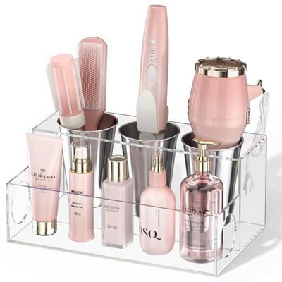 NIUBEE Organisateur d’outils de coiffure et sèche-cheveux en acrylique transparent pour comptoir de salle de bain, support de rangement pour accessoires, maquillage et articles de toilette