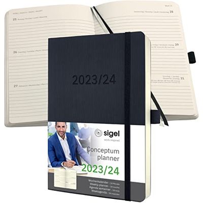 SIGEL C2406 agenda weekkalender 2023/2024, ca. A5, zwart, softcover, 256 pagina's, elastiek, penlus, archieftas, PEFC-gecertificeerd, 18 maanden kalender, conceptum