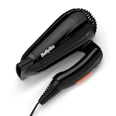 BaByliss Sèche-cheveux de voyage pliable Sèche-cheveux léger et puissant de 2000 W, Bi-voltage, Utilisation universelle, 2 réglages de température/vitesse, Noir/orange, 5344E