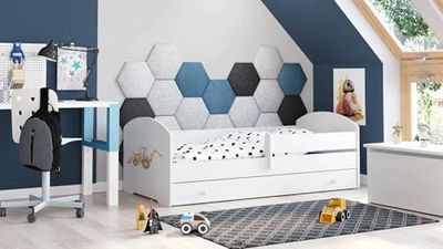 Dmora - Lit d'enfant Opole, Couchette pour Chambre d'enfant, Ensemble de Chambre, Support de Matelas, 85x164 h63 cm, Blanc avec Pelleteuse