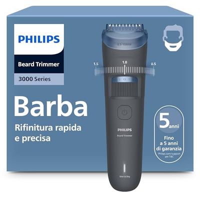 Regolabarba Philips serie 3000 - Lame autoaffilanti con punte arrotondate, 20 impostazioni di lunghezza, pettine Lift&Trim, impermeabile, spia di ricarica, ricarica USB, custodia, modello BT3619/15