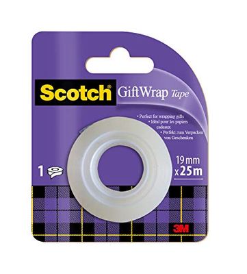 Scotch Cinta Adhesiva para Envolver Regalos - 1 Rollo de 19 mm x 25 m - Cinta Adhesiva Satinada y Transparente para Usar en Papel de Regalo