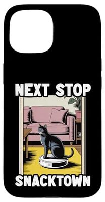 Next Stop Snacktown Robot Vacuum Cleaner Funny Cat Case for iPhone 15