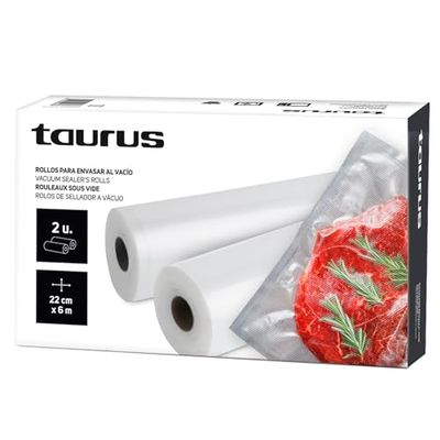 Taurus - Confezione sacchetti per macchina sottovuoto, 2 rotoli da 22 cm x 6 metri, per conservazione alimentare, si adatta su misura