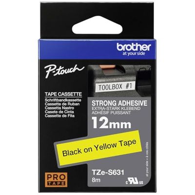 Brother TZe-S631 Labelling Tape Cassette, Black on Yellow, 12mm (W) x 8M (L), Strong Adhesive, Brother Genuine Supplies