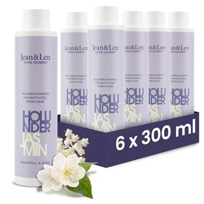 Jean & Len Shampooing Volume Sureau & Jasmin, pour cheveux fins et plats, donne du volume & de la légèreté, parfum fruité & fleuri, sans silicones ni parabènes, vegan, 6 x 300 ml