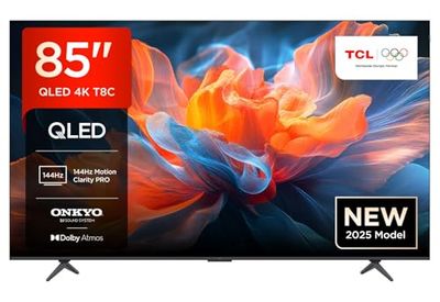 TCL 85T8C TV QLED 4K HDR Ultra HD da 85", QLED TV con tecnologia Google TV (Dolby Vision e Atmos, Motion Clarity Pro a 144 Hz, FreeSync, audio Onkyo 2.1, compatibile con Google Assistant)