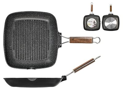 H&H Home Pietra Bistecchiera Antiaderente con Manico Pieghevole, Pietra, Nero, 28x28 cm
