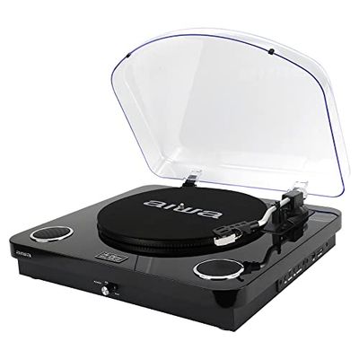 Aiwa GBTUR-120BKMKII : Tourne-Disque Bluetooth avec Encoding, 3 Vitesses, Radio FM, USB et SD - Conversion directe de Vinyle vers numérique Couleur : Noir