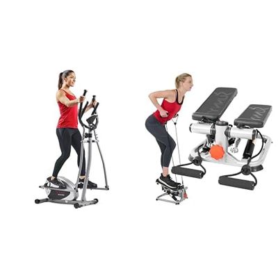 Sunny Health & Fitness Advanced Mini Home Steppers with Resistance Bands + Legacy Stepping Elliptical Machine, Total Body Trainer with Ultra- Quiet Magnetic Belt Drive