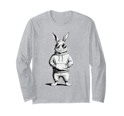 Bunny With Sunglasses And Hoodie Happy Easter Day Bunny Face Maglia a Manica