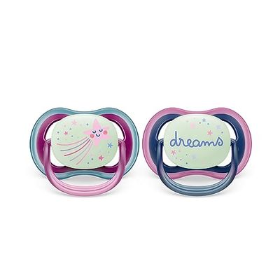 Philips AVENT Sucette ultra air - 2 sucettes légères, aérées et phosphorescentes pour bébés âgés de 6 à 18 mois, sans BPA, avec étui de transport stérilisateur, Rose/Bleu/Violet (modèle SCF376/14)