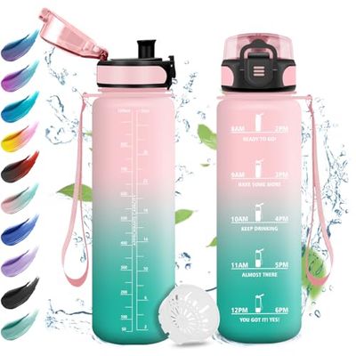 Drinkfles, 1 l, lekvrije sportfles, gemakkelijk te openen, met filter, herbruikbaar, motiverende waterfles met tijdweergave, voor volwassenen, camping, fietsen