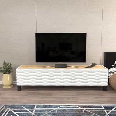 Hanah Home Traditionele tv-standaard, saffier & wit, 149,2 x 35 x 38 cm, 100% melamine gecoat deeltjesbord, 18 mm dik, elegant design voor de woonkamer