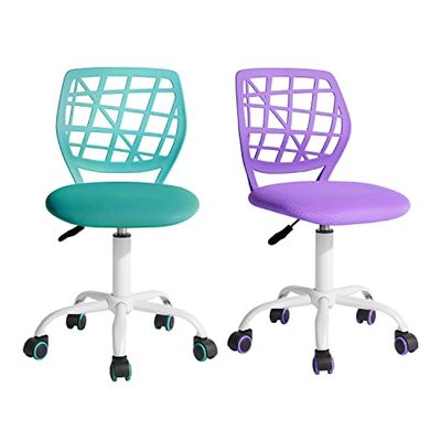 FurnitureR Bureau-kantoorstoel, stoffen zitting, ergonomische studeerstoel zonder armleuning, in hoogte verstelbare draaistoel, set van 2, paars + aqua, 40 x 38,5 x 87 cm