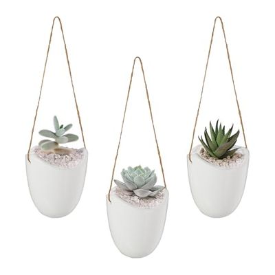 Relaxdays Väggvas uppsättning av 3 hängande kruka inuti, med snöre för upphängning, blomampel, för växter och blommor, keramik, vit