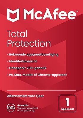 McAfee Total Protection 2024 | 1 apparaat | antivirusvirussoftware, internetbeveiliging | inclusief VPN, wachtwoordbeheer | pc/Mac/Android/iOS | 1-jarig abonnement | per post