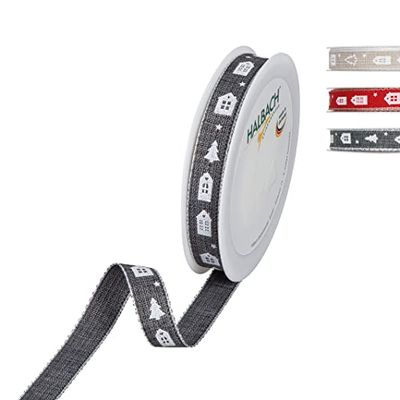 Halbach Seidenbänder Cadeaulint kerstmotief "Bomen en huizen" | breedte 15 mm lengte 20 m | ideaal voor het stijlvol verpakken van geschenken voor Kerstmis, kleur: grijs/zwart/wit