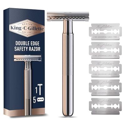 King C. Gillette Double Edge Safety Razor for Men, Gillette Razors for Men, 5 Platinum Coated Double Edge Razor Blades, Safety Razors for Men, Mens Razors for Shaving, Razor Blades Men