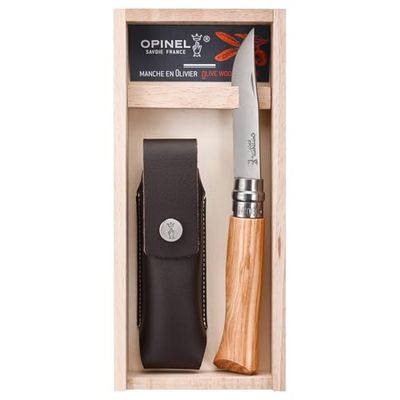 Geschenkset Opinel mes nr. 8, olijfhout, kunstleren etui in houten kist