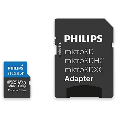 Philips SDXC Card 512GB + adattatore SD UHS-I U3 Reads up to 100MB/s A1 Fast App Performance V30 Memory Card for Smartphone, Tablet PC, Card Reader