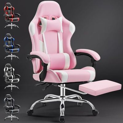 DUMOS Ergonomische gamingstoel met voetensteun, ademend PC met verstelbaar lendenkussen, hoofdkussen en armleuningen, belastbaar tot 150 kg, draaistoel