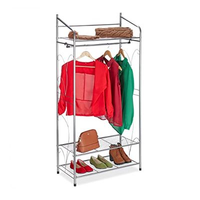 Relaxdays Coat Rack, Stable Clothes Rail with 3 Shelves, Wardrobe for Small Spaces, Iron, HxWxD: 161 x 78 x 36cm, Gold
