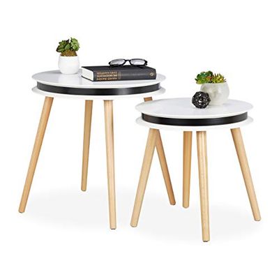 Relaxdays Set di 2 Tavolini Modulari, Gambe, Rotondi, Spessore 5 cm, Ø 40 & 48cm, Legno, Pannelli MDF, Bianco/Naturale, 48.50 x 48.00 x 48.00 cm