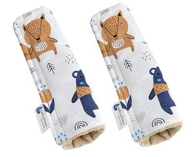 Medi Partners 2 piezas Protector de cinturón de seguridad de coche 17x22cm Niño 100% algodón Minky Puntos de fricción de doble cara para coches deportivos (Animales boho con Minky beige)