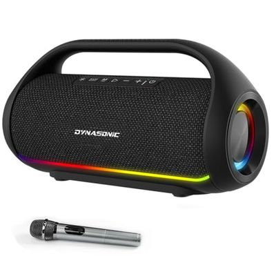 DYNASONIC S90 - Enceinte Bluetooth Portable IPX5 Waterproof. Enceinte d'extérieur sans Fil. Stéréo sans Fil. Lecteur de Son Puissant avec lumières LED intégrées. Micro-SD, Radio FM, USB.