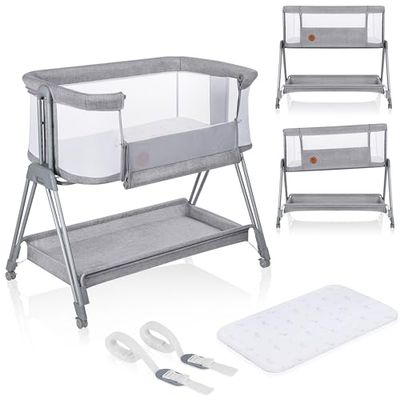 LIONELO Luna, draagbaar babybedje met matras, co-sleeping, van newborn tot 9kg. In hoogte vestelbaar en kantelbaar, 4 wielen met blokkade, kan bevestigd worden aan het bed van de ouders, luchtig