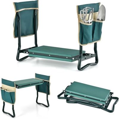 FANTASK Panca da giardino pieghevole 2 in 1 per giardinaggio, sgabello da giardino con 2 tasche per attrezzi, con imbottitura in EVE, per protezione del ginocchio, portata fino a 150 kg