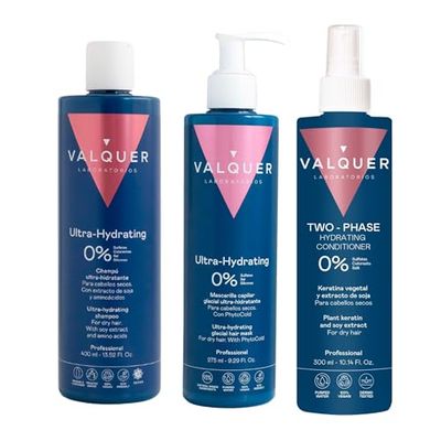Valquer Profesional Hydration Hair Pack, Zero% Shampoo 400 Ml + Maschera Effetto Ghiaccio 100 Ml + Balsamo Bifasico 300 Ml, Capelli Secchi. ultra idratante