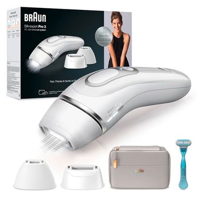 Braun Silk-expert Pro 3 Epilatore LUCE PULSATA, Alternativa al laser, Ideale per Zone Sensibili, Viso, Bikini e Ascelle, 3 Testine, Rasoio, Custodia Viaggio, Idea Regalo, PL3221 Bianco e Argento