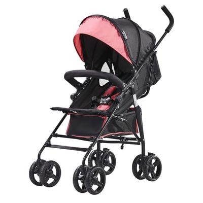 VEVOR Kinderwagen, lichtgewicht, met verstelbare rugleuning, inklapbaar en compact, van koolstofstaal, grote opbergmand, met parasol voor reizen en meer, zwart/roze, 780 x 500 x 1040 mm
