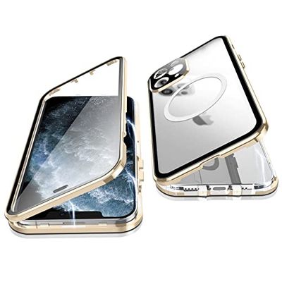 Jonwelsy Coque pour iPhone 11 Pro, 360 Degrés Protection Compatible Magsafe Adsorption Magnétique Case Cover Pare-Chocs Métal Avant Verre et Arrière Givré PC Etui Housse pour 11 Pro 5,8" (Or)