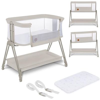 LIONELO Luna, draagbaar babybedje met matras, co-sleeping, van newborn tot 9kg. In hoogte vestelbaar en kantelbaar, 4 wielen met blokkade, kan bevestigd worden aan het bed van de ouders, luchtig